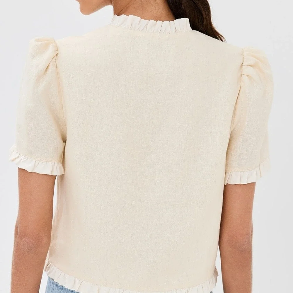 Reformation | Bess 100% Linen Puff Sleeve Ruffle Top in Sugar Cream | Size Med